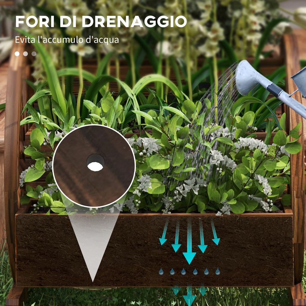 2-Level Outdoor Wooden Planter with 3 Pots and Wagon Wheels Country Style, 64x54x60cm