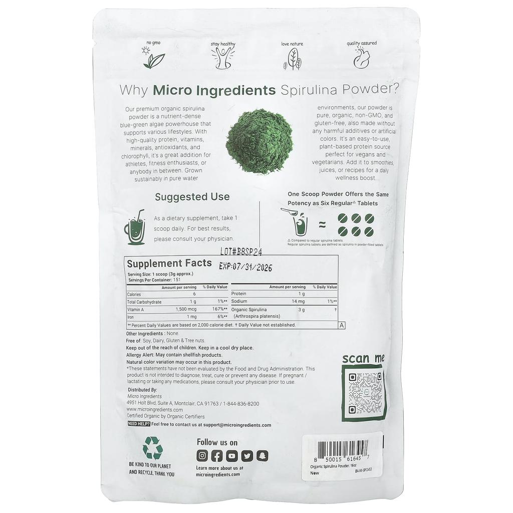 Micro Ingredients Organic Spirulina Powder, 1 Lb (454 G)