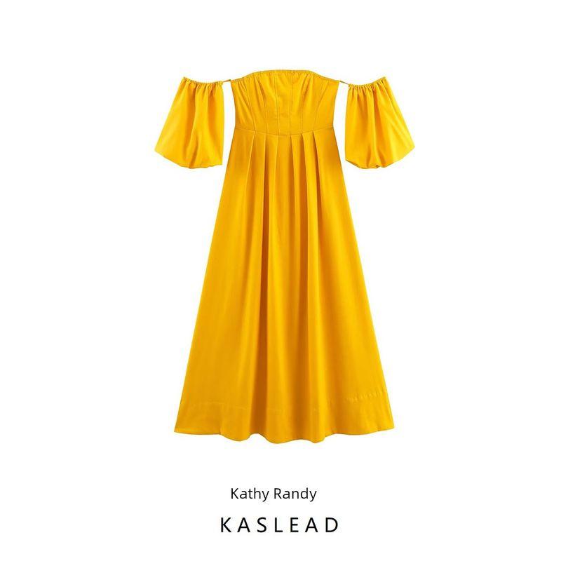 Kaslead New Women Clothes Western Style Simple Temperament off-Shoulder Bell Sleeve Waist Hugging Long Dress