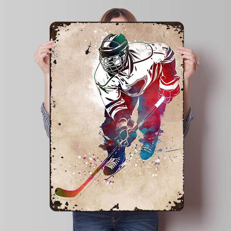 Hockey Player Watercolor Art Printed Posters Customizable Wall Art Retro Vintage Metal Tin Signs for Home Room Bar Accessories