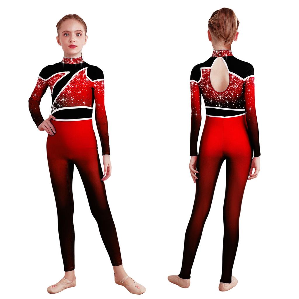 Girls Performance Jumpsuit Color Gradient Mock Neck Long Sleeve with Rhinestones Keyhole Back
