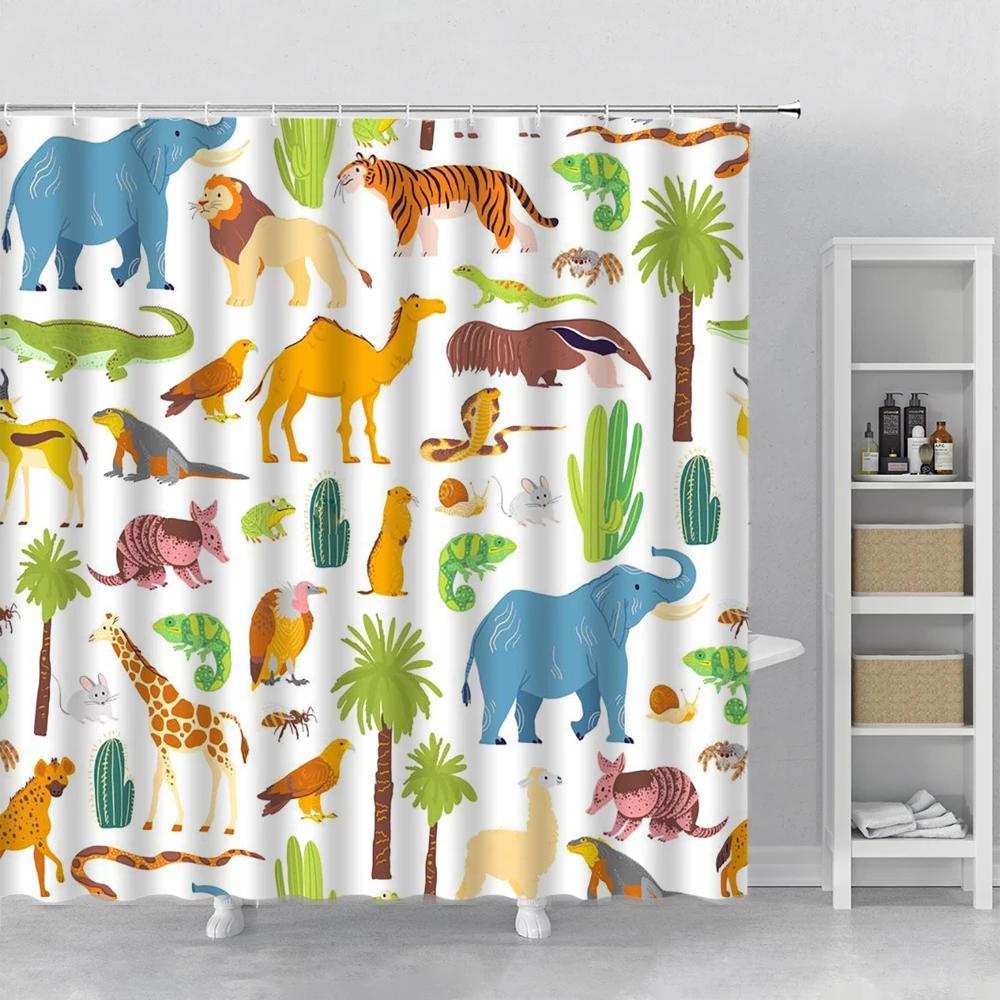 Cartoon Shower Curtain Cute Dolphin Fish Animal Zoo Giraffe Tiger Printing Bathroom Curtains Kids Room Decor Curtain with Hooks