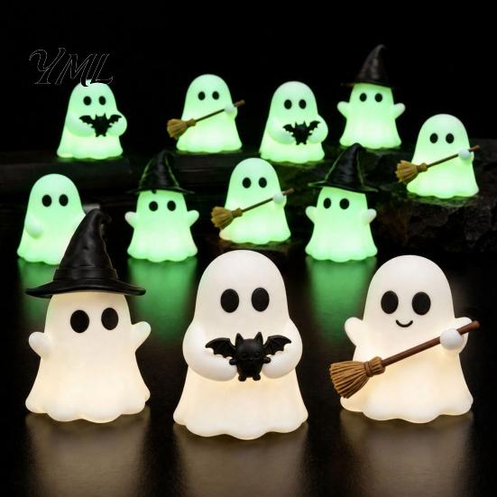 Spooky Halloween Table Decorations Luminous Mini Ghost Figurines, Glow in The Dark Cute PVC Statues Miniature Statue for Micro Landscape, Tiered Tray