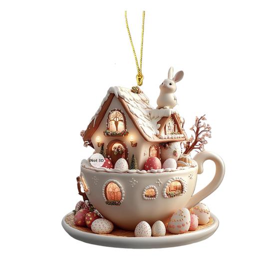 1Pc/5Pcs Easter Coffee Cup House Ornaments Chocolate Mug Bunny House Pendant 2D Acrylic Hot Cocoa Mug Spring Ornament for Holiday Home Decor