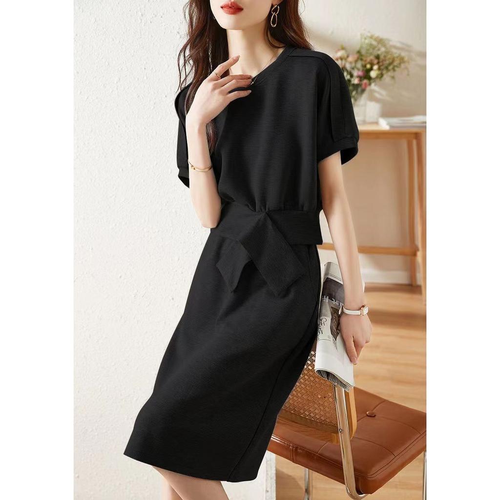 Новая летняя корейская версия облегающего повседневного и универсального платья с круглым вырезом, однотонного цвета