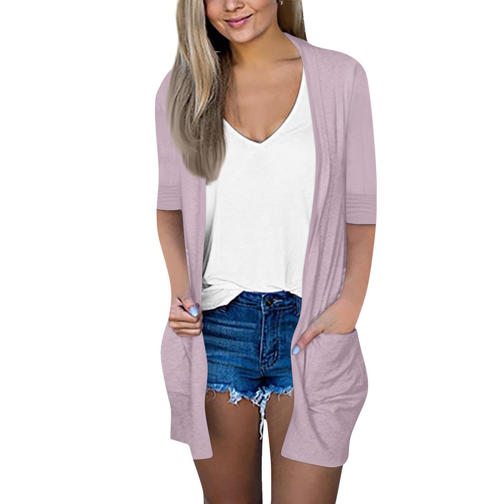 Женская мода, свободный повседневный карманный однотонный кардиган, куртка с рукавами из семи частей, топ