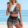 Women's Shoulder Strap Swimsuit Black and White Printed Bikini Short Tank Top Swimsuit