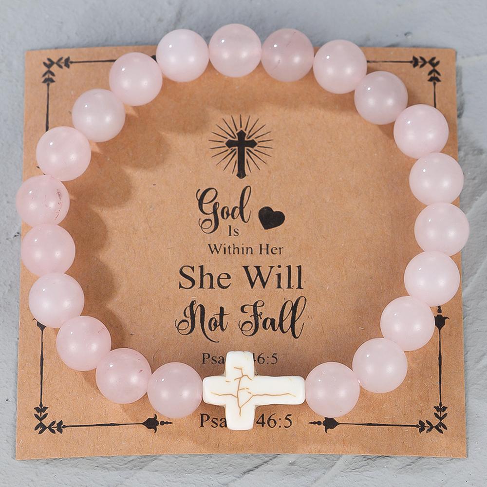 Религиозный крестовый браслет для женщин и мужчин, натуральный камень, эластичный браслет из бисера, молитвенный браслет с карточкой