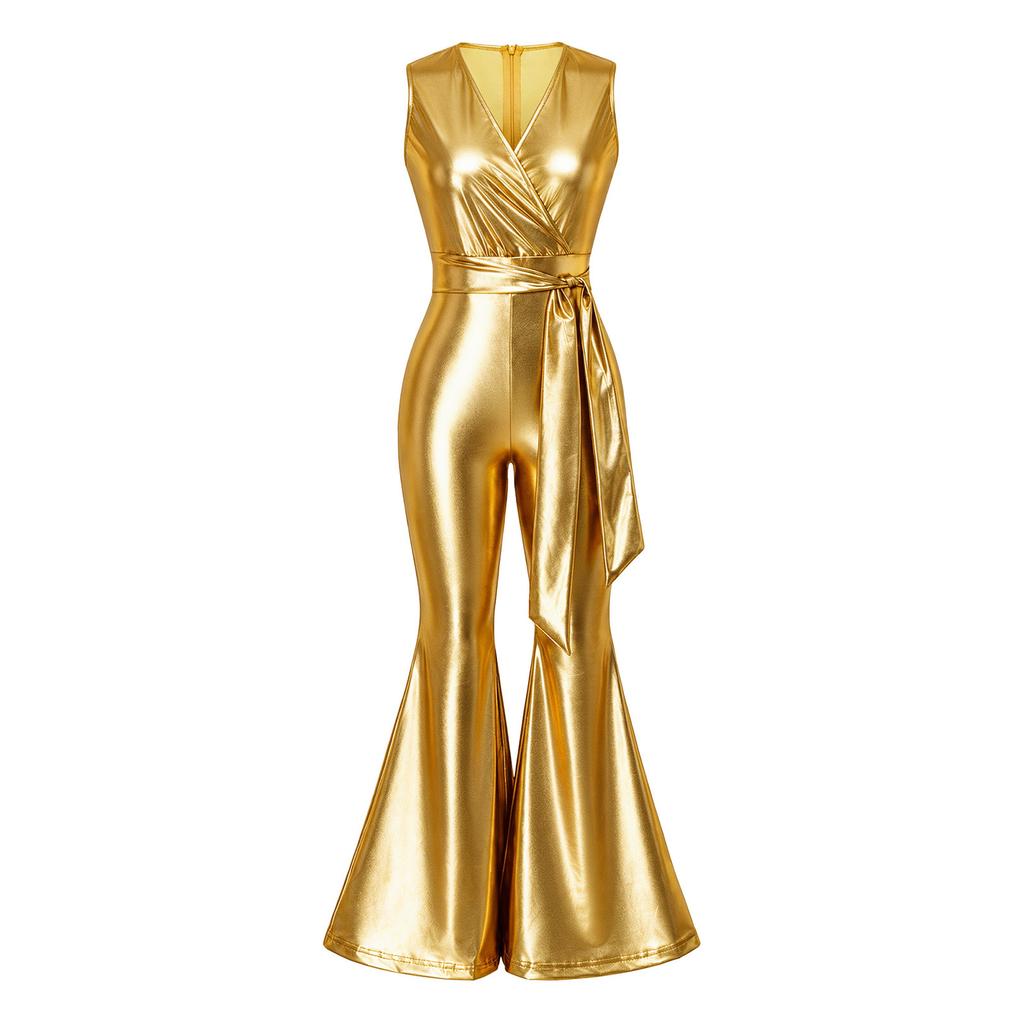 Women 70s Disco Outfit Sleeveless Back Zipper Bell Bottom Jumpsuit