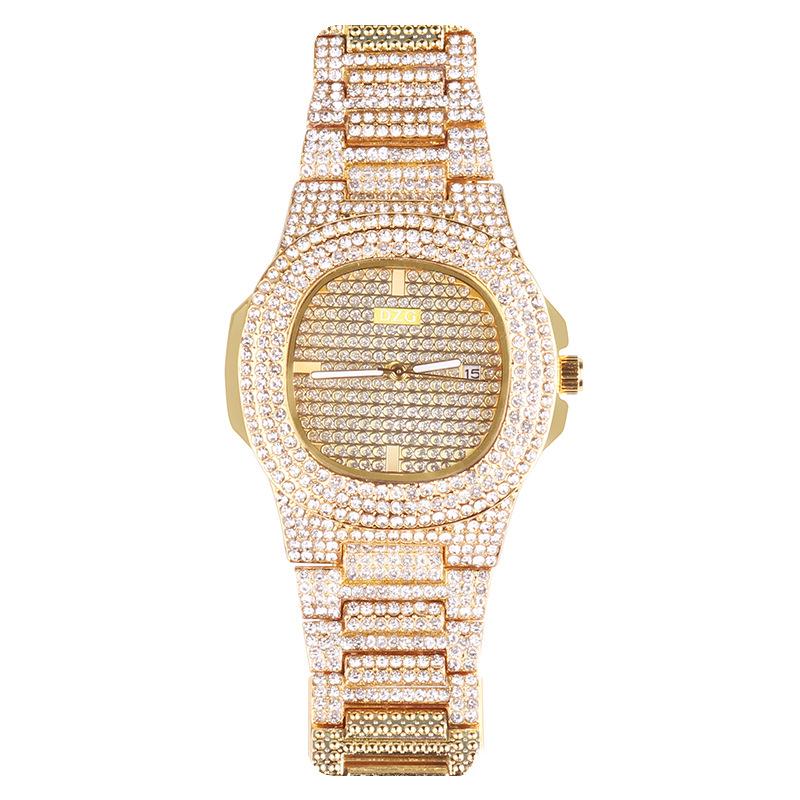 Women's Diamond-Studded Gold Fashion Square Watch with Rhinestone Calendar & Steel Band