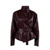 Womens Vintage Burgundy PU Leather Jacket Slim Fit Stand Collar Belted Winter Coat