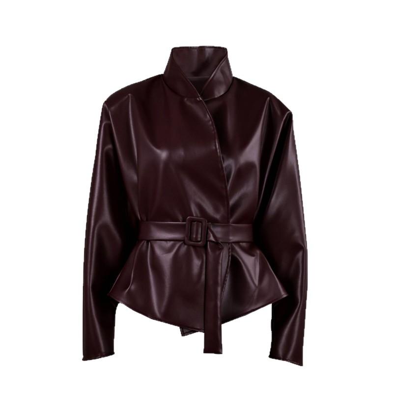 Womens Vintage Burgundy PU Leather Jacket Slim Fit Stand Collar Belted Winter Coat