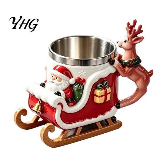 Christmas Stocking Stuffer Santa Claus Coffee Mug with Reindeer Handle, 300ml 3D Winter Party Tableware Embossed Resin Holiday Cup for Hot Cocoa, Home