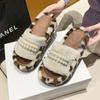 Fashion Ladies Slip On Flat Slippers Winter Leopard Print Beaded Elegant Women Slipper Upholstered Soft Woolly Cotton Shoes Fluffy Shoes