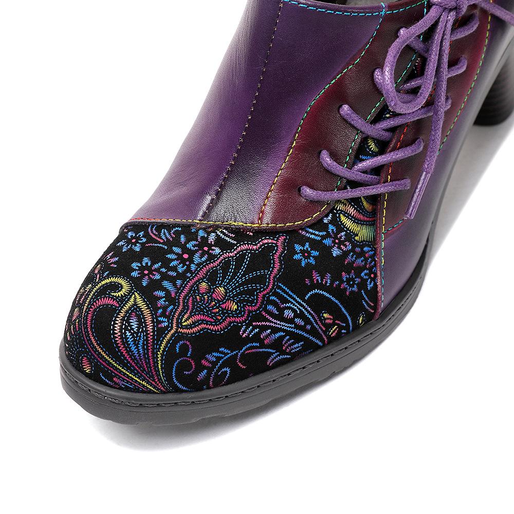 Johnature Retro Printed High Heels Genuine Leather Pumps Ethnic Style Flower Side Zipper Women's Shoes