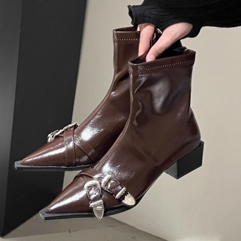 Chunky Leather Women Ankle Boots Pointed Toe Sexy Designer Mid Heels Winter Shoes 2025 Trend Fashion Pumps Goth Botas De Mujer