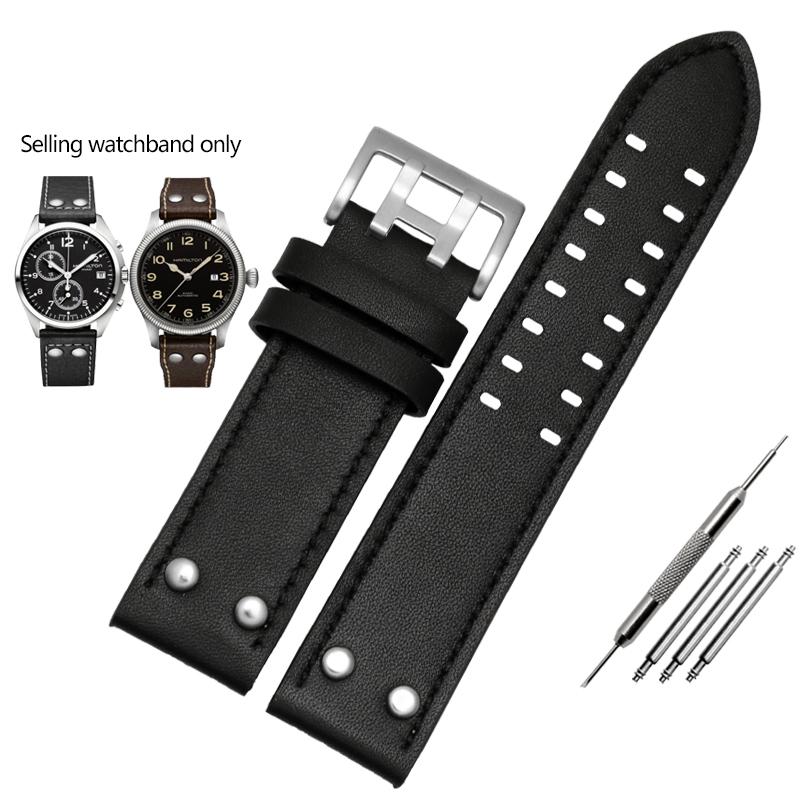 ОДИННатуральная кожаный ремешок для часов Hamilton Khaki Aviation Field Series Мужской ремешок Браслет с заклепками Коричневый 20мм 22ммMN