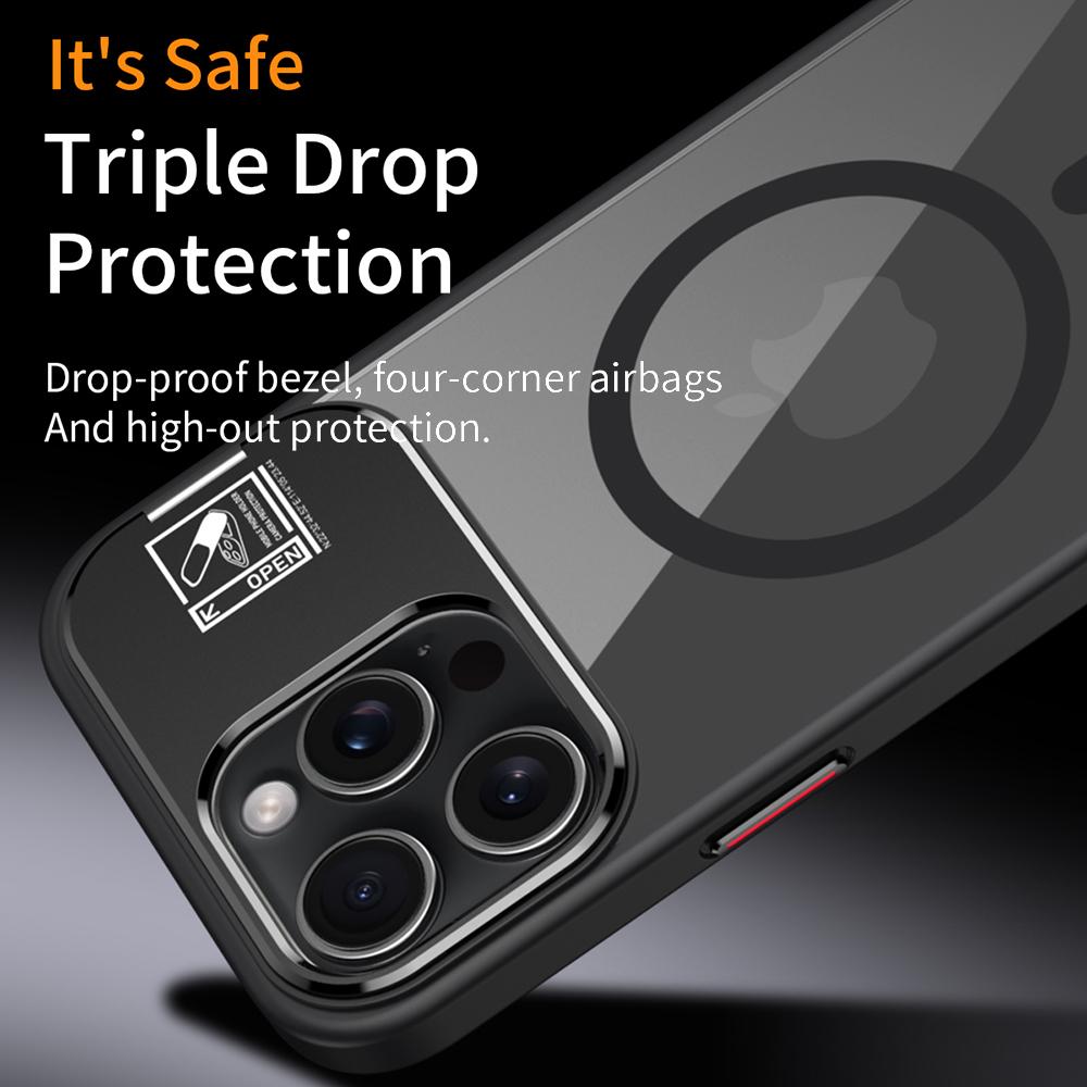 For iPhone 16 Pro Magnetic Case TPU+Acrylic Kickstand Phone Cover with Glass Lens Film