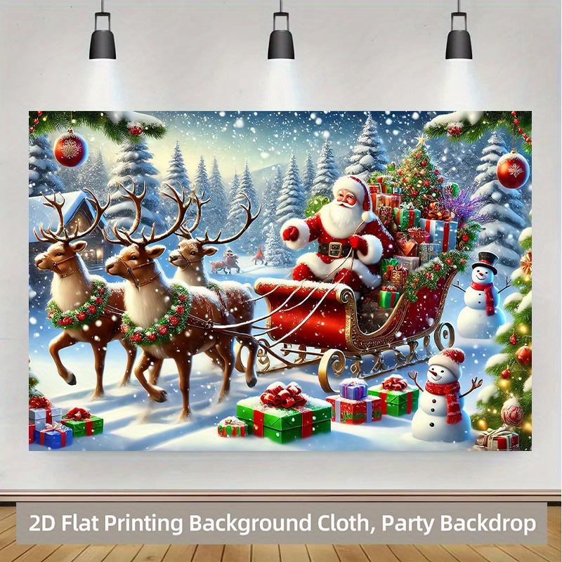 2D flat 1pc Santa Claus driving a reindeer sleigh with a snowy forest scene - a vibrant polyester background Christmas party