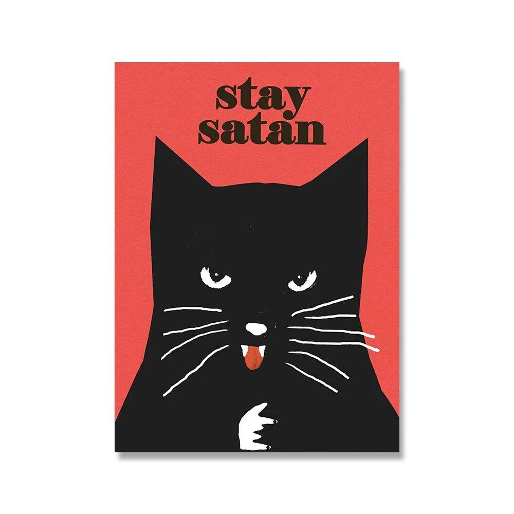Stay Satan Black Cat Original Polish Poster And Prints Vintage Funny Animal Canvas Painting World Cat Day Wall Art Picture Decor No Frame