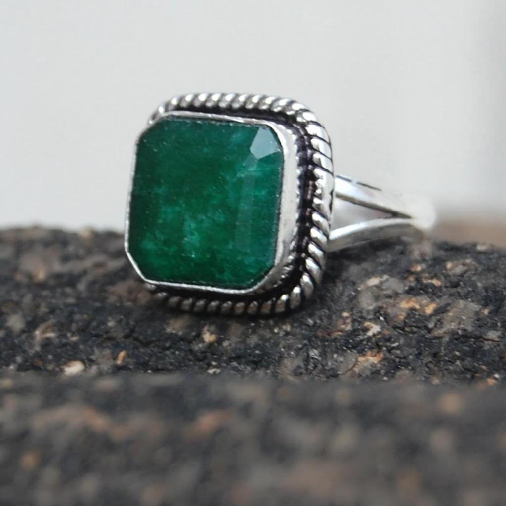 Square Raw Emerald Sterling Silver Ring: Faceted Birthstone Jewelry