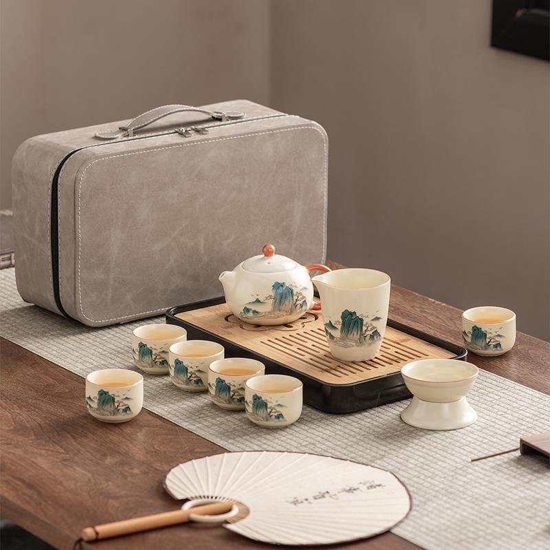 Xishi Teapot Huang Ru Kiln Travel Kung Fu Tea Set Household Portable Teacup Teapot Light Luxury Business Gifts