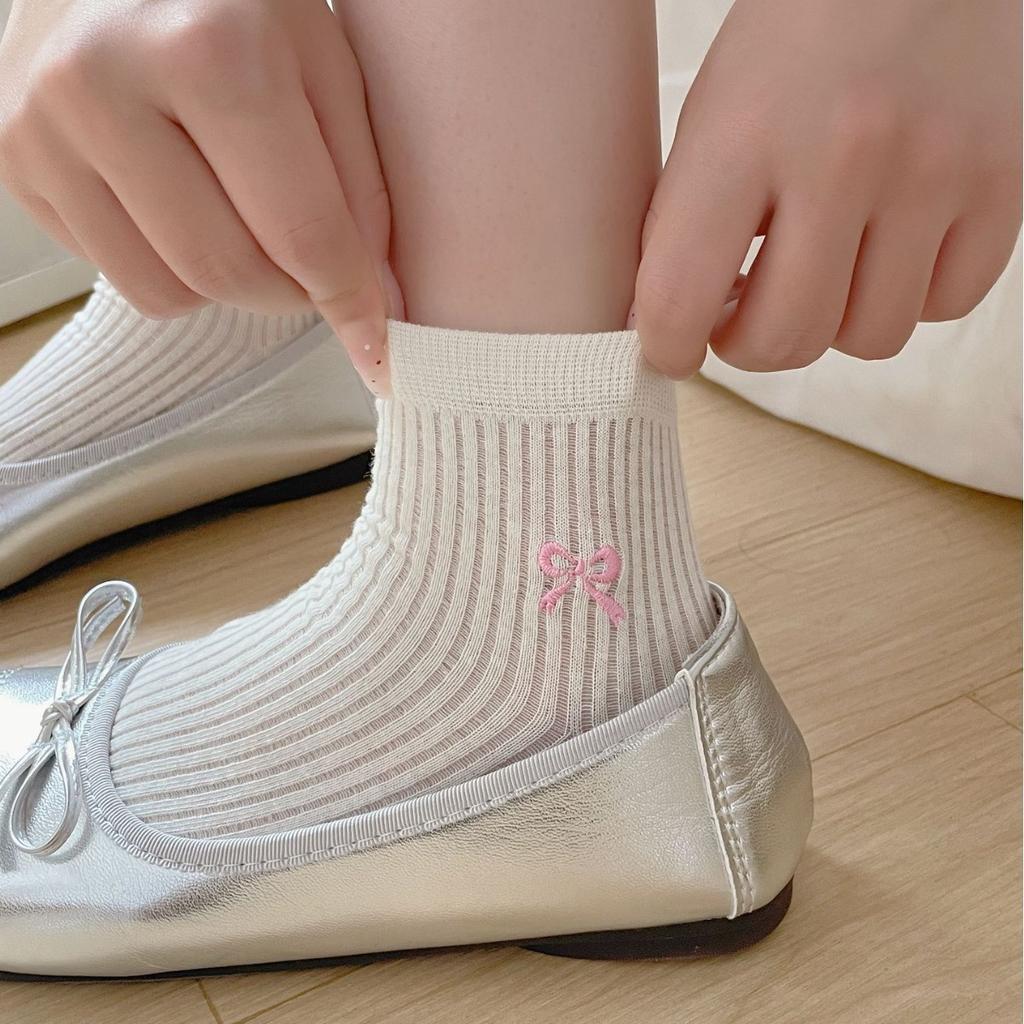 Boneless Short Tube Embroidered Bow Socks Summer Ultra-Thin Vertical Strip Breathable Ballet Socks Socks