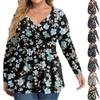 Women's Plus Size Shirt Long Sleeve Print Top Pleated Casual V-Neck Top