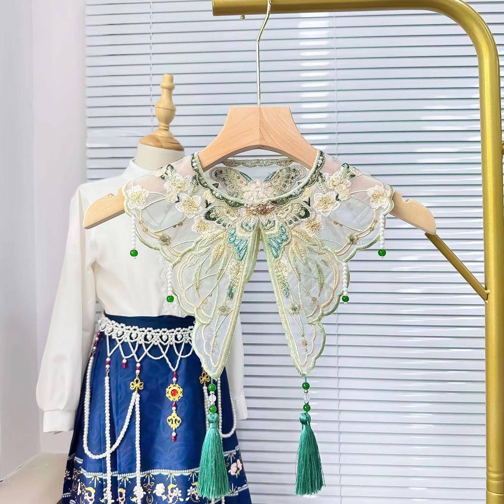 National Style Green Embroidery Beads Fringed Fake Collar Adult Children'S Clothing Hanfu Horse Dress Cloud Shoulder Women Ins No
