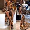 Summer Women Retro V Neck Long Sleeve Open Fork Maxi Dress Evening Party