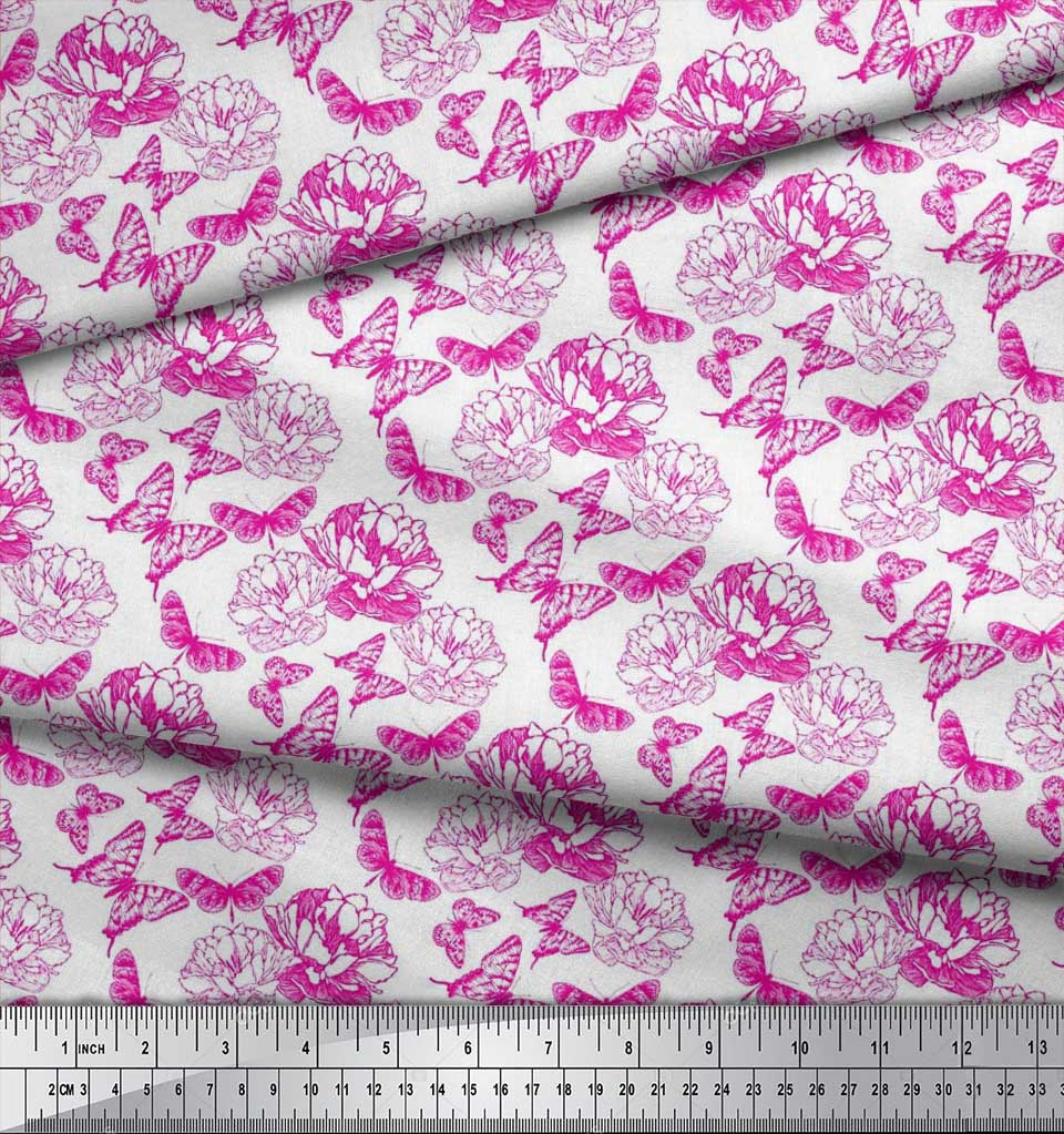 Soimoi Poly Crepe Fabric Butterfly & Peony Floral Printed Craft Fabric by the metre 42 Inch
