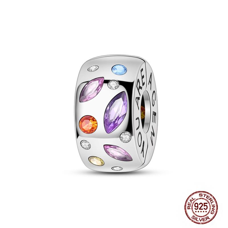 Round 925 Copper Clasp Pave Clip Charms Blue Star Moon Butterfly Slide Safety Chains Spacer Beads Fits Original Bracelet Zircon