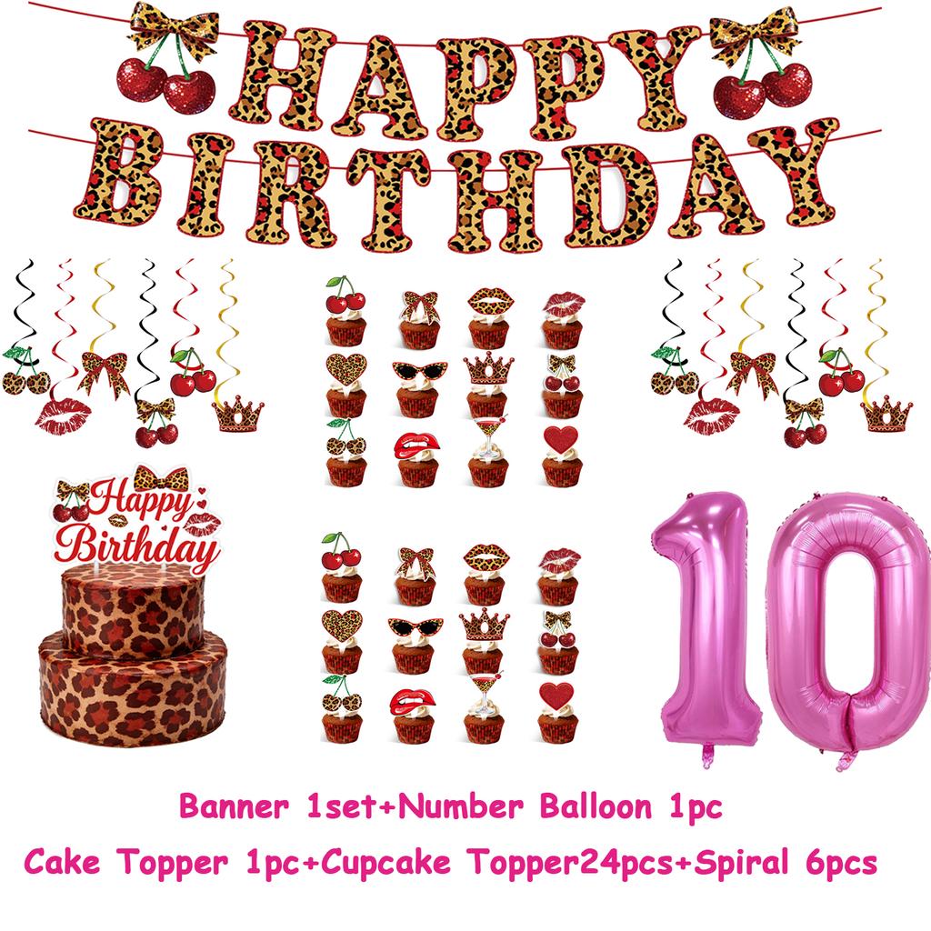 Pink Cherry Leopard Theme Birthday Party Decoration Plate Cup Balloon Banner Sexy Women Girls Shiny Photography Background Gifts