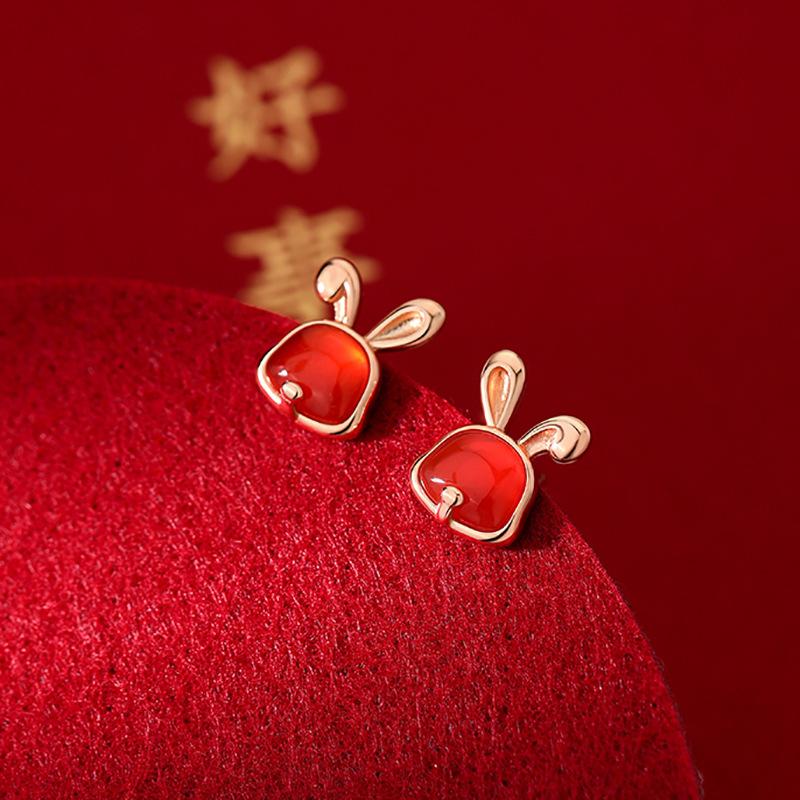 Rabbit Stud Earrings Female Simple Cute Cute Rabbit Year Natal Year Red Earrings Summer Earrings
