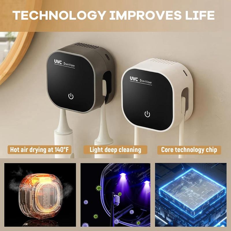 AT05-Настенный держатель зубной щетки с 2 слотами для щеток Подставка для электрической зубной щетки с функцией очистки и сушки