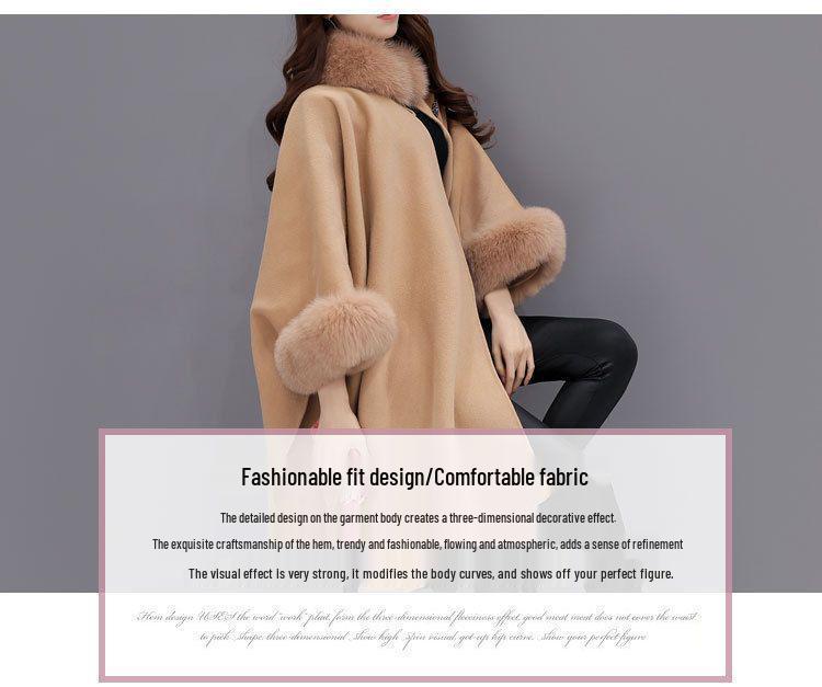 Hepburn Style Mid-Length Wool Coat with Imitation Fur Collar for Women
