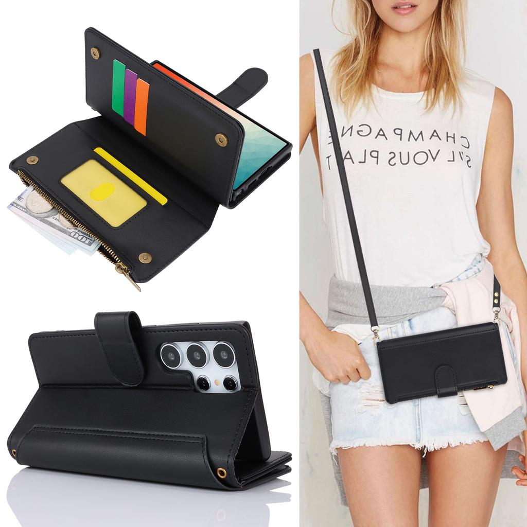 Держатель для карт с блокировкой RFID, мягкий чехол из искусственной кожи, магнитный ремешок с застежкой-молнией, защитный чехол для iPhone 16, 15, 14, 13, 12 Pro Max, Samsung Galaxy