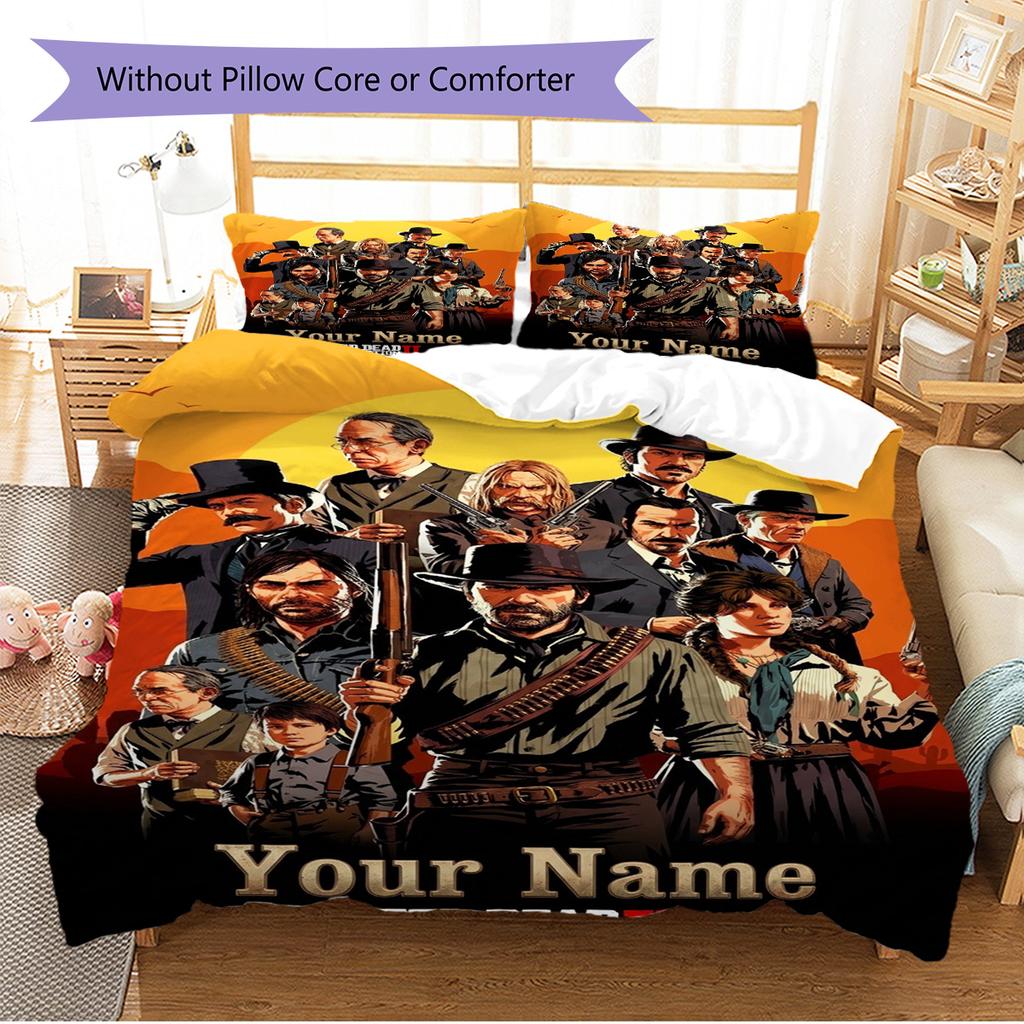 Name Custom RDR2 Game Pattern Bedding Set Quilt Cover Pillowcase Home Decor Gift (1 * duvet cover + 2 * pillowcase, without core)
