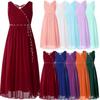 Flower Girls Dress Elegant Beaded Chiffon Party Summer Dress Ruched V Neck Sleeveless Dress for Bridesmaid Wedding