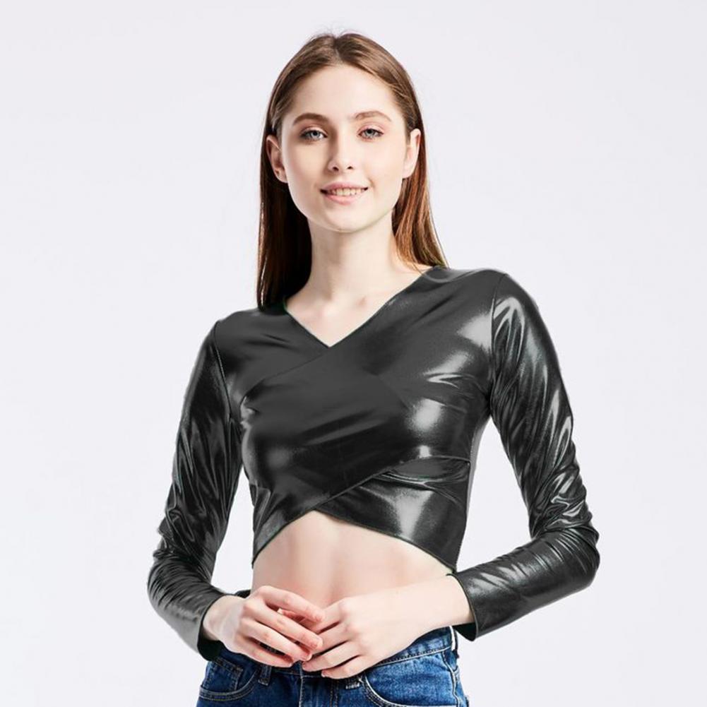 Women Club Top Short Waist-exposed Long Sleeve V Neck Smooth Glossy Faux Leather Pullover Slim Fit Soft Breathable Performance D