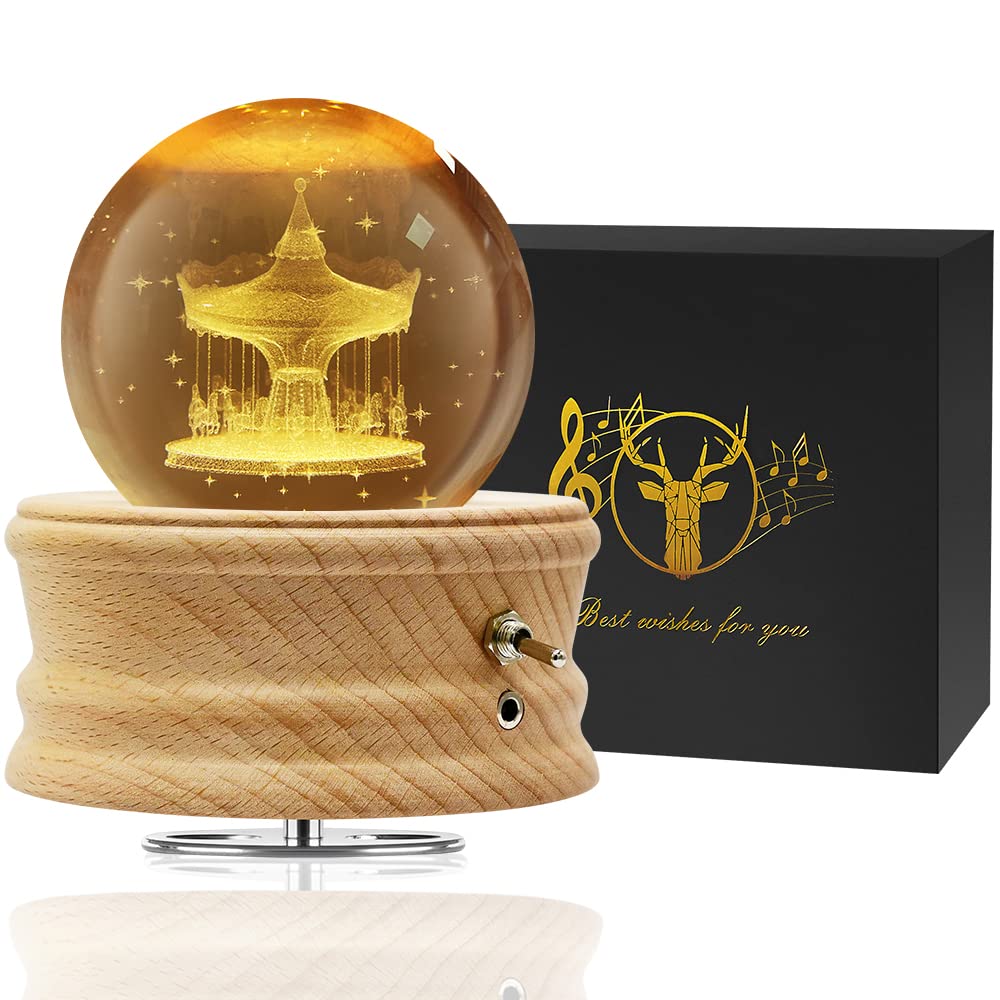 Mozalida Music Box Perfect As a Birthday Christmas Snow Globe Day Moon or for with Ambient Bedside LED USB and Projection Handmade Wooden Interior