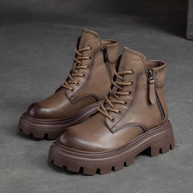 Johnature Women Boots Genuine Leather Winter Ziper Round Toe Women Shoes Sewing Handmade Retro Ankle Platform Boots