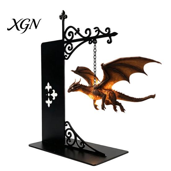 European Style Vintage Ornament Fantasy Dragon Bookshelf Lamp, Retro Flying Light, Iron Hanging Light Creative Bookend for Library Reading