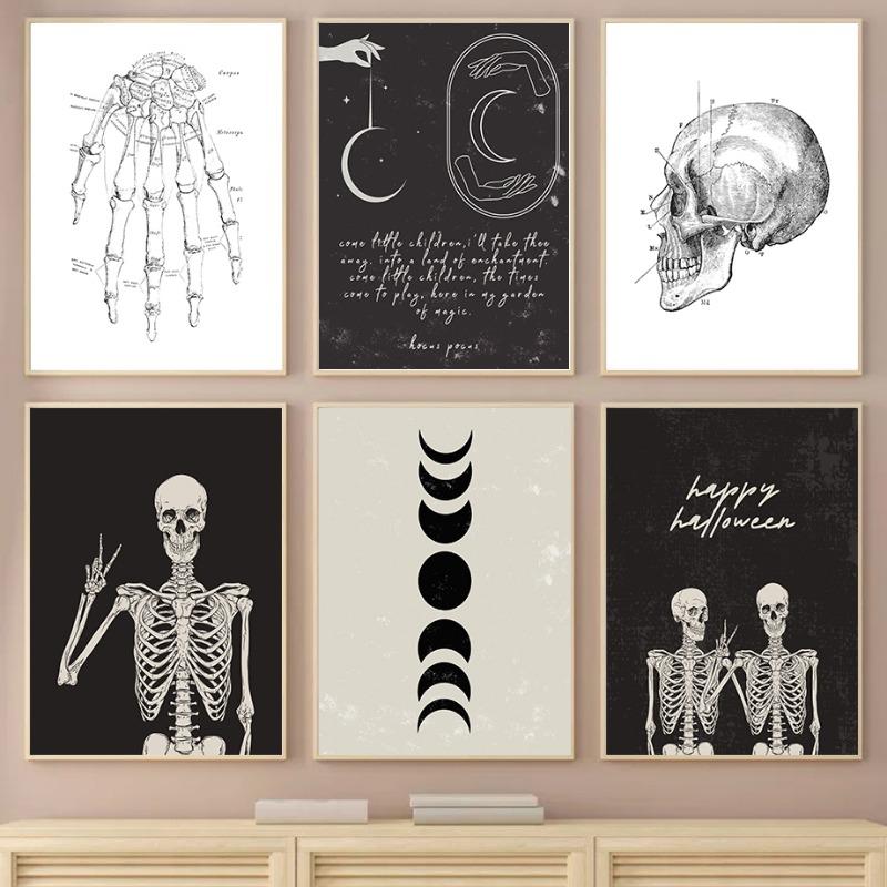 Black Skull Creative Wall Art Moon Kitten Scandinavian Poster Halloween Canvas Painting Wall Living Room Home Decoration