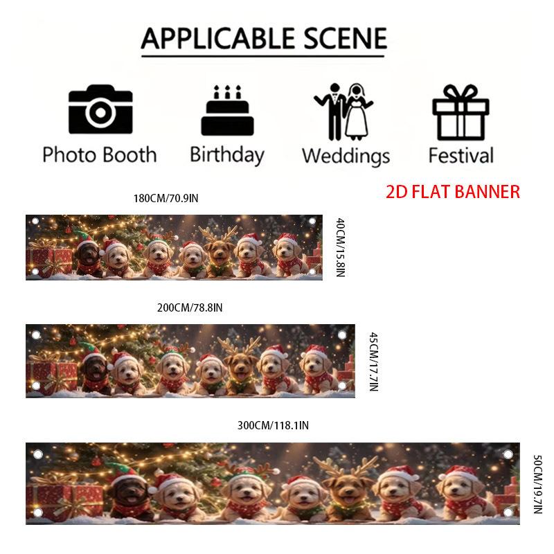 Christmas Pet Fence Banner, Dog with Reindeer Hat & Gift Tree Design, Polyester Outdoor Winter Holiday Decoration
