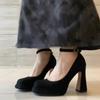 Sheepskin Version! Mary Jane High Heels Niche Square Head One-word Buckle with Thick Heel Not Tired Feet Waterproof Table Shallow Mouth Single Shoes