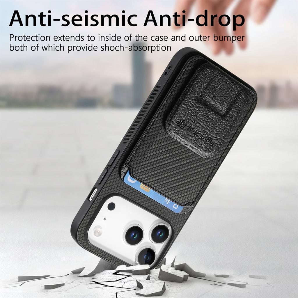 For iPhone 17 Pro Case Card Holder Carbon Fiber Texture Leather Coated TPU Phone Cover