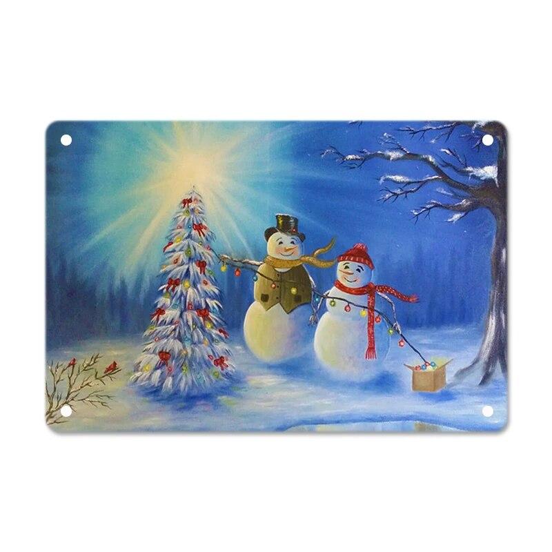 Merry Christmas Posters Tin Sign Cute Snowman and Santa Claus Metal Plaque Wall Art Decor Christmas Gift