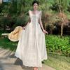 Romantic Ruffle Square Neck Embroidered White Dress Women Vacation Style Sexy Backless Lace-up Slit Fairy Long Dress