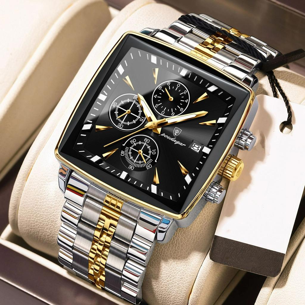 POEDAGAR Luxury Business Man Wristwatch Chronograph Waterproof Luminous Calendar Watch For Men Square Quartz Men's Watches